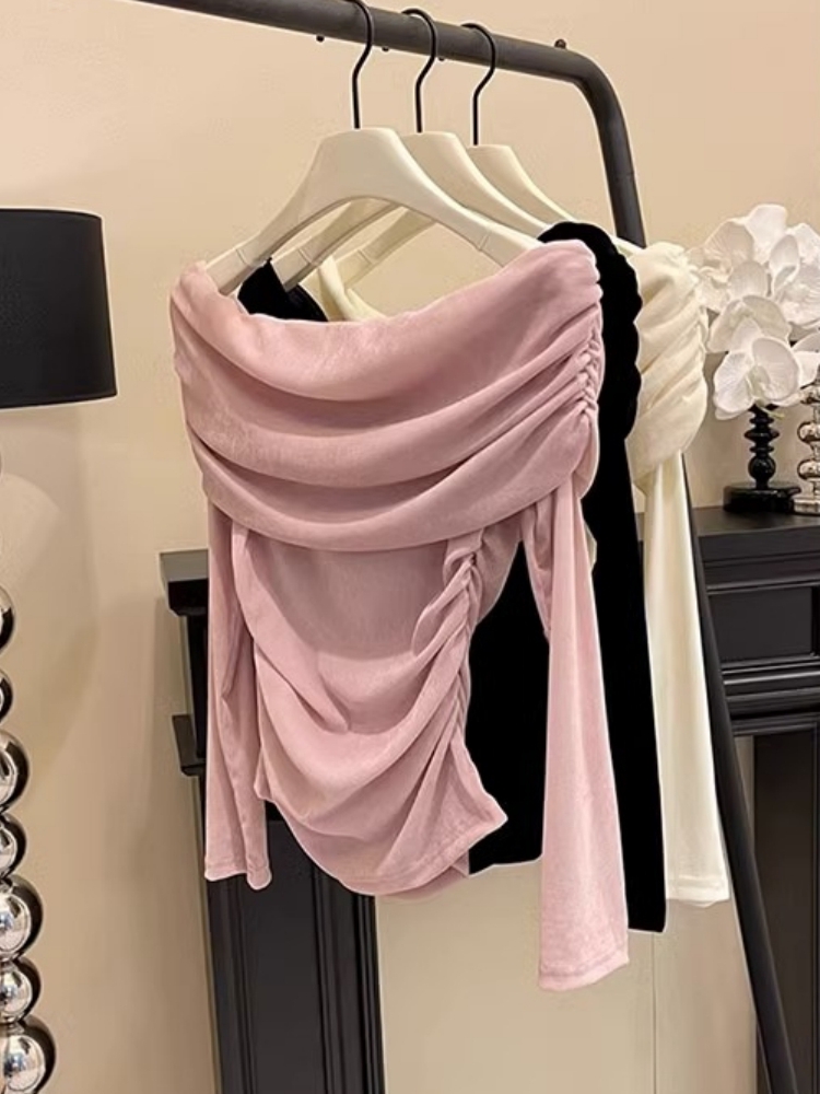 Women's Off-Shoulder Long-Sleeve Knit Sweater Slim Fit Solid Color