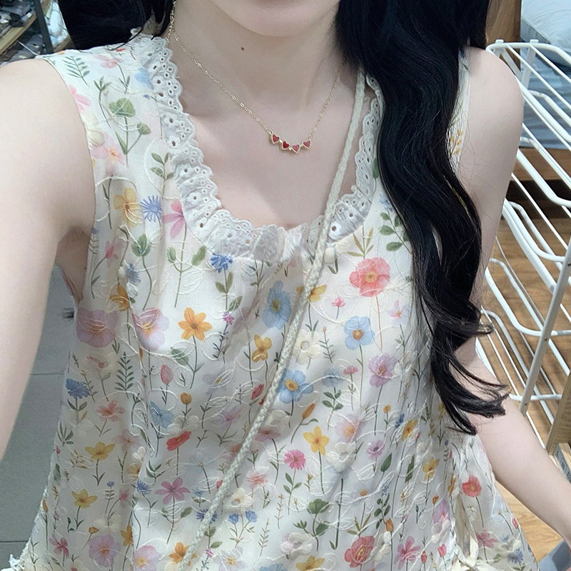 Women's Floral Print Sleeveless Sweet Two-Piece Set with High Waist Skirt