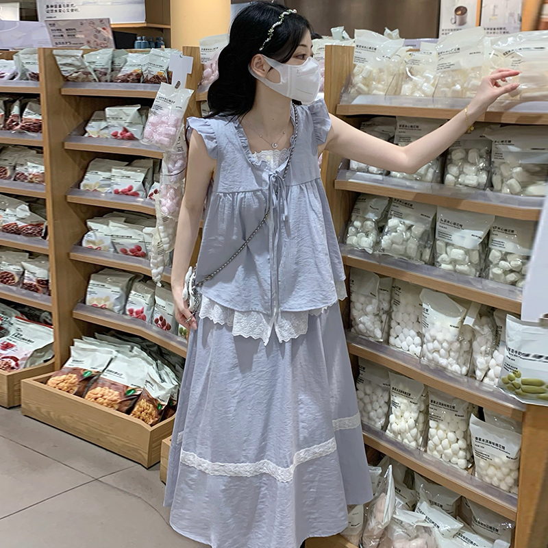 New Sleeveless Faux Two-Piece Shirt and Skirt Set French Sweet Age-Reducing Two-Piece Set