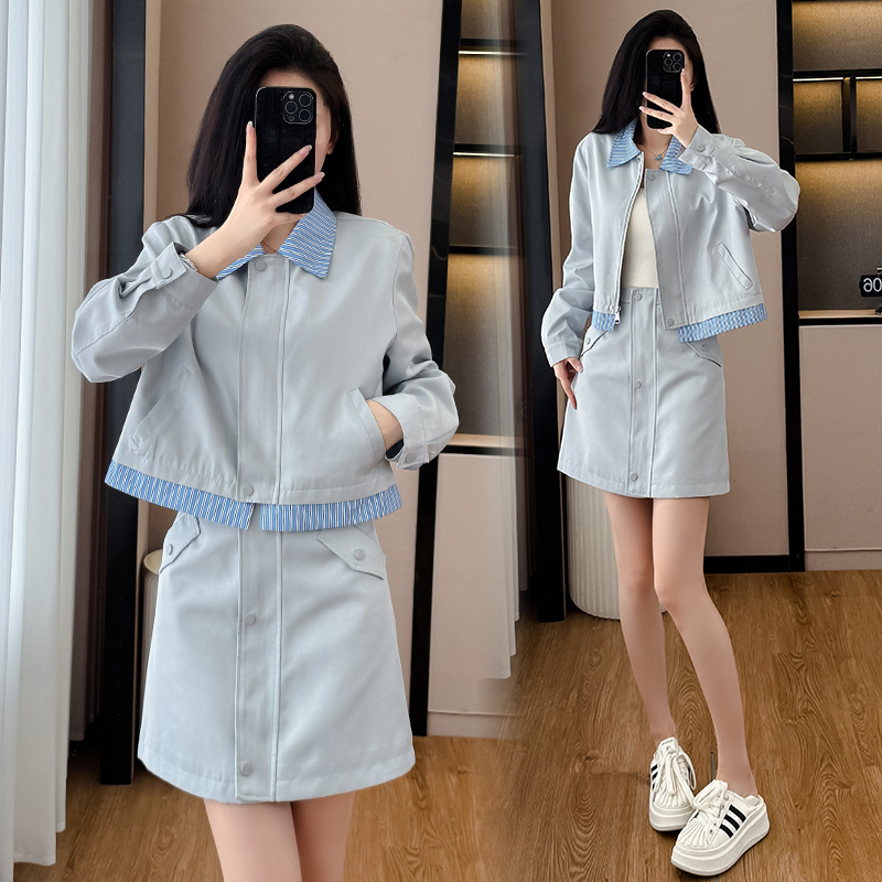 Light Blue Preppy Two-Piece Skirt Set Korean Style Slimming - Style f9f147