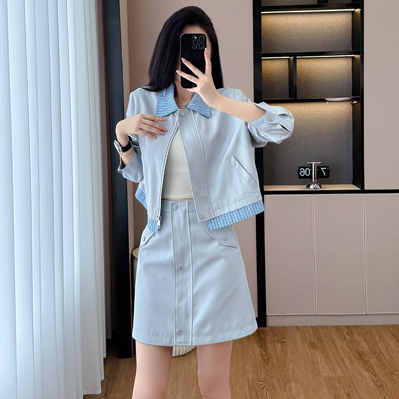 Light Blue Preppy Two-Piece Skirt Set Korean Style Slimming - Style f9f147 - Image 3