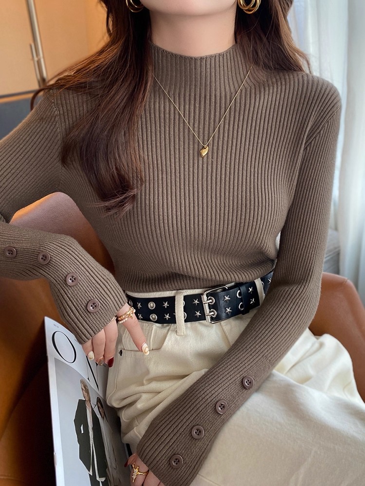 Women's Half Turtleneck Knit Sweater Slim Fit Solid Color Long Sleeve Top - Image 4