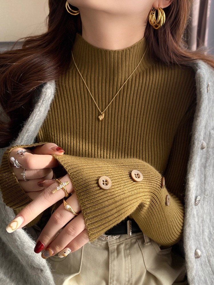 Women's Half Turtleneck Knit Sweater Slim Fit Solid Color Long Sleeve Top - Image 3