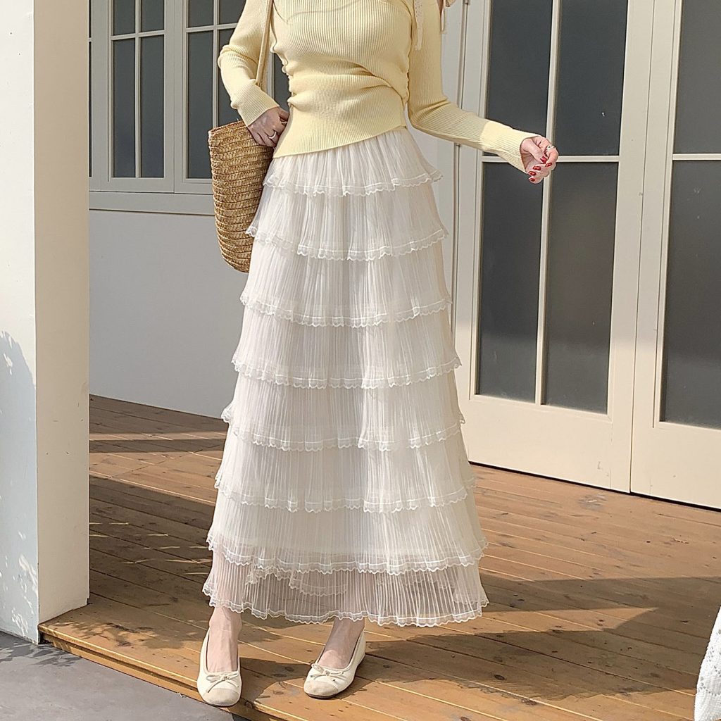 Sweet Lace Trim Tiered Tulle Skirt for Women Long High Waist A-Line Puffy Skirt