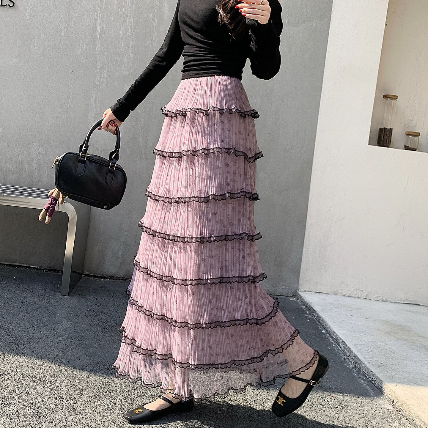Pink Purple Sheer Pleated Tiered Cake Skirt for Women Spring 2026 Long Flowy High Waist - Image 2