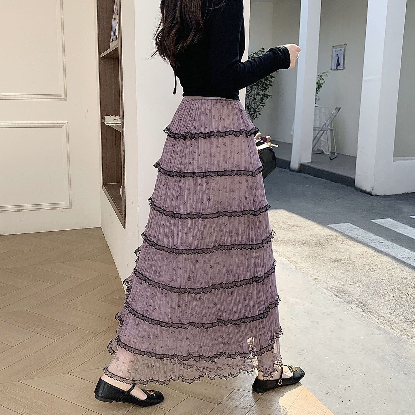 Pink Purple Sheer Pleated Tiered Cake Skirt for Women Spring 2026 Long Flowy High Waist - Image 3