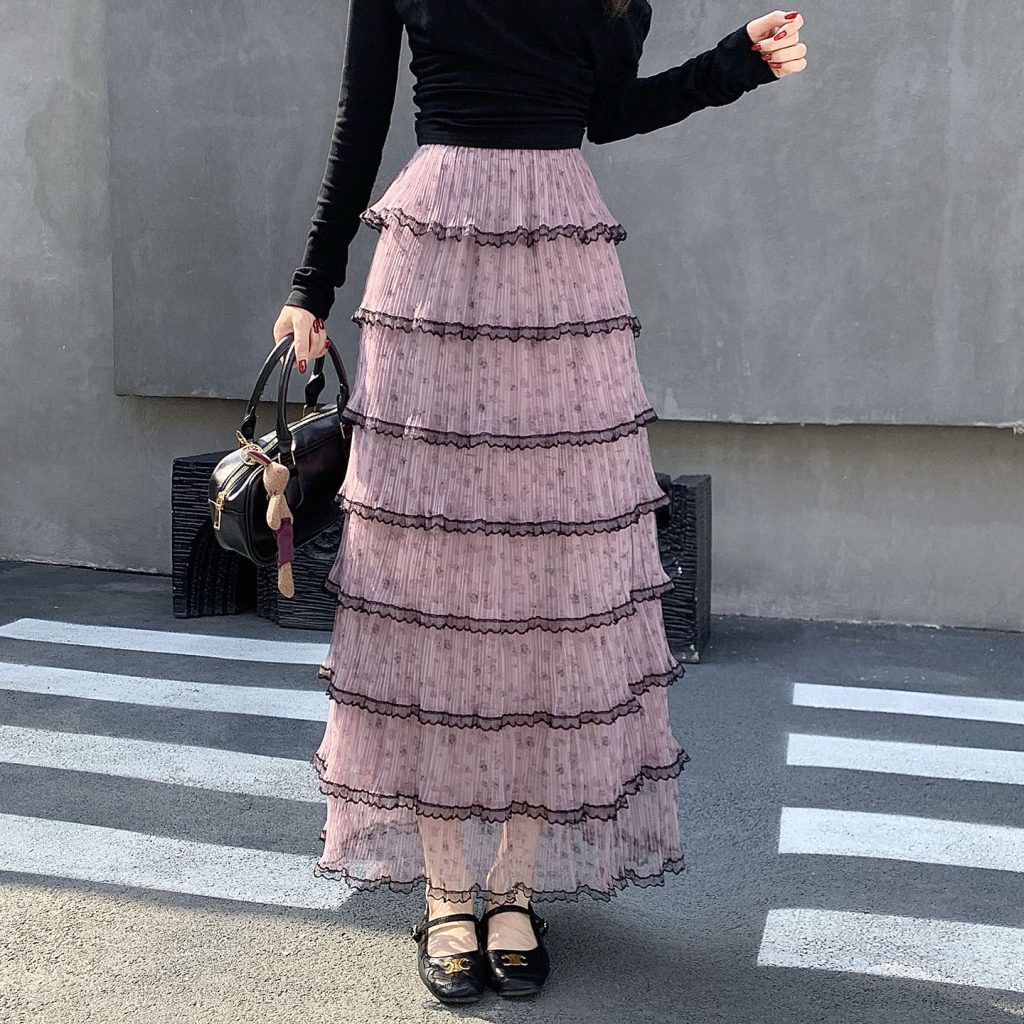 Pink Purple Sheer Pleated Tiered Cake Skirt for Women Spring 2026 Long Flowy High Waist