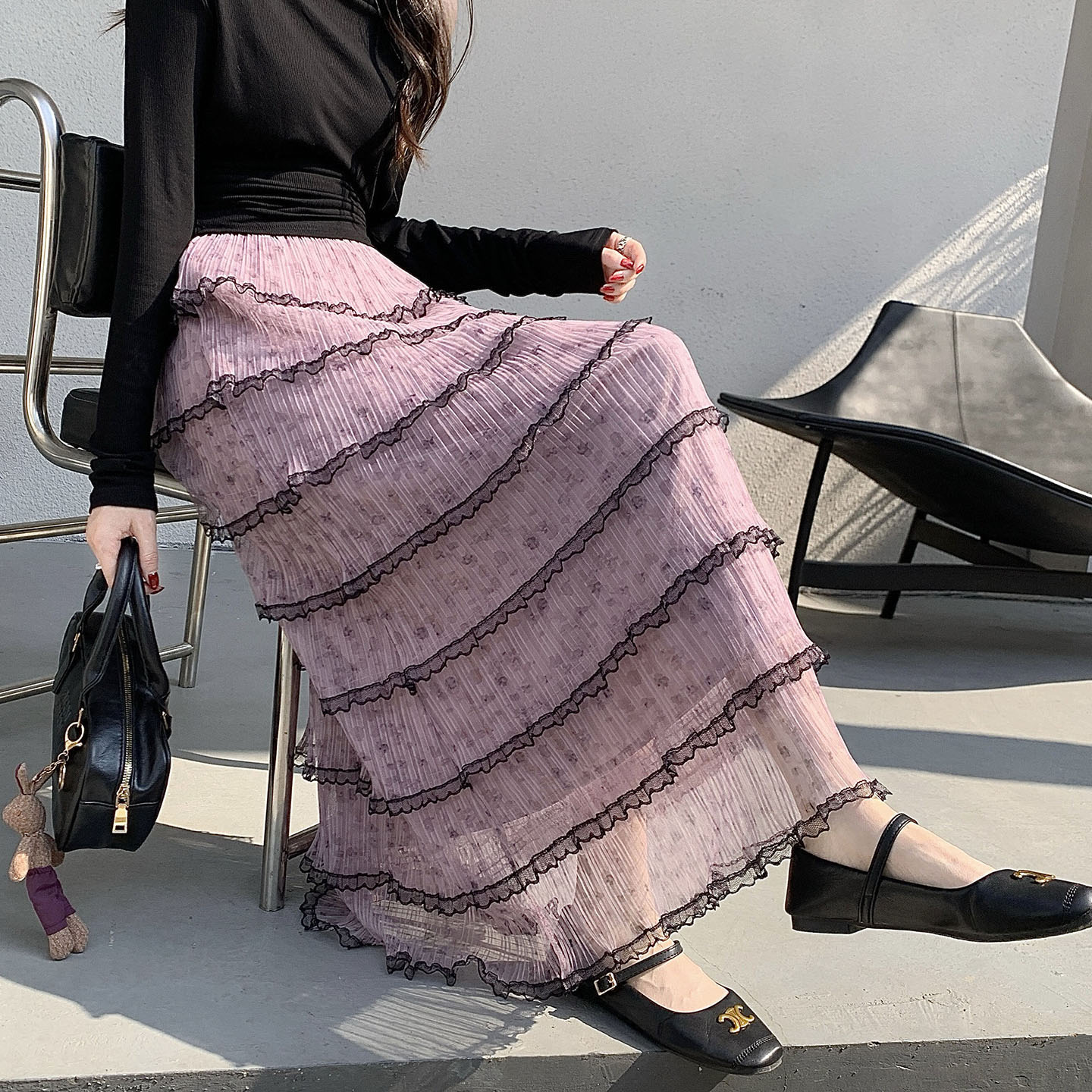 Pink Purple Sheer Pleated Tiered Cake Skirt for Women Spring 2026 Long Flowy High Waist - Image 4