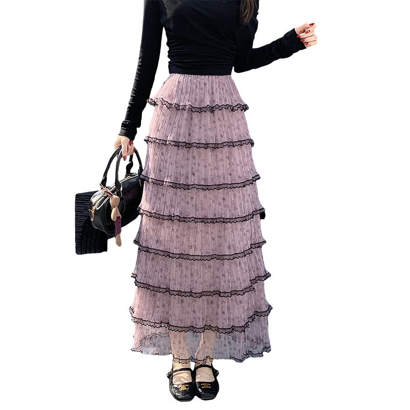 Pink Purple Sheer Pleated Tiered Cake Skirt for Women Spring 2026 Long Flowy High Waist - Image 5