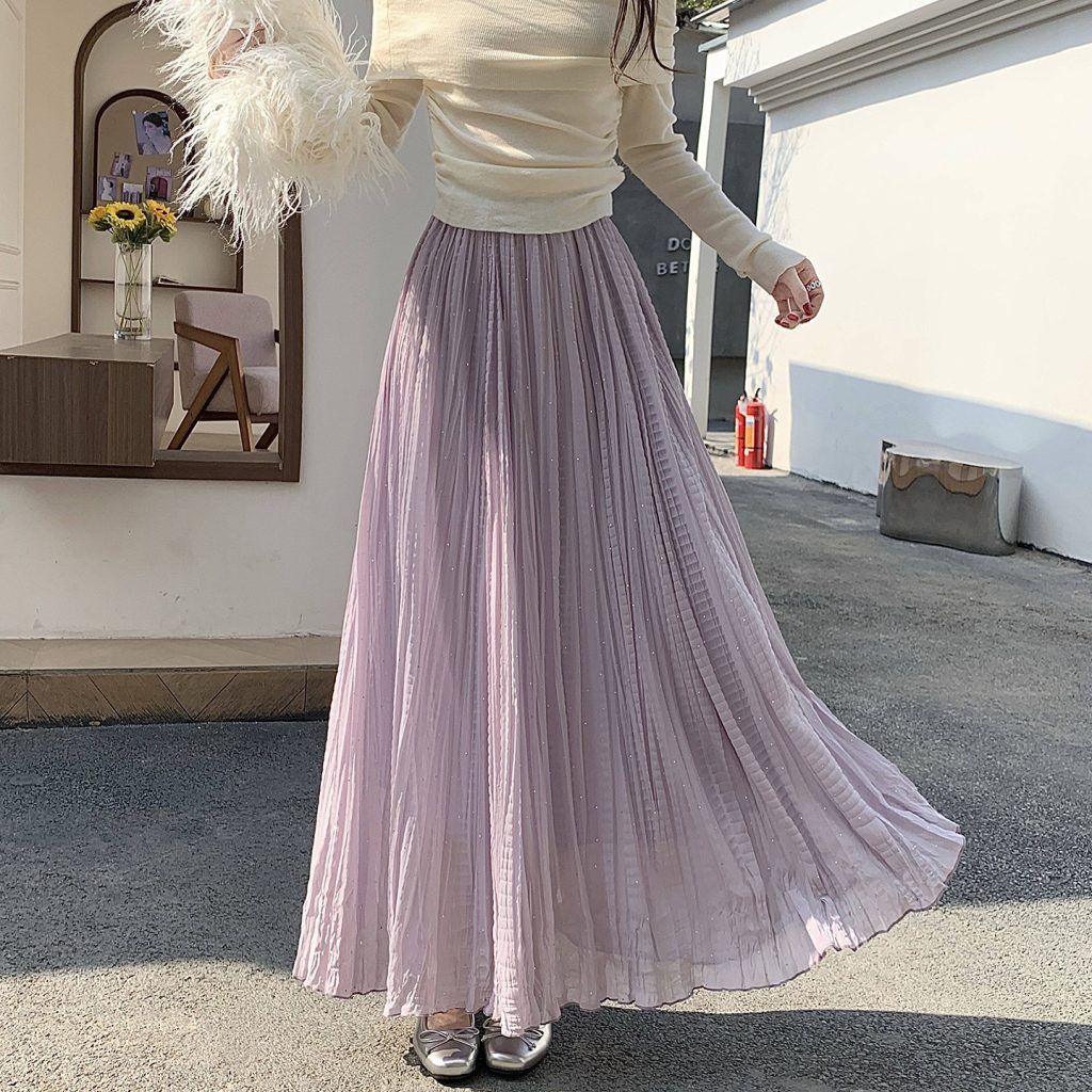 Women's Chiffon Pleated A-Line Maxi Skirt with Rhinestones High Waist 2026 Spring Summer