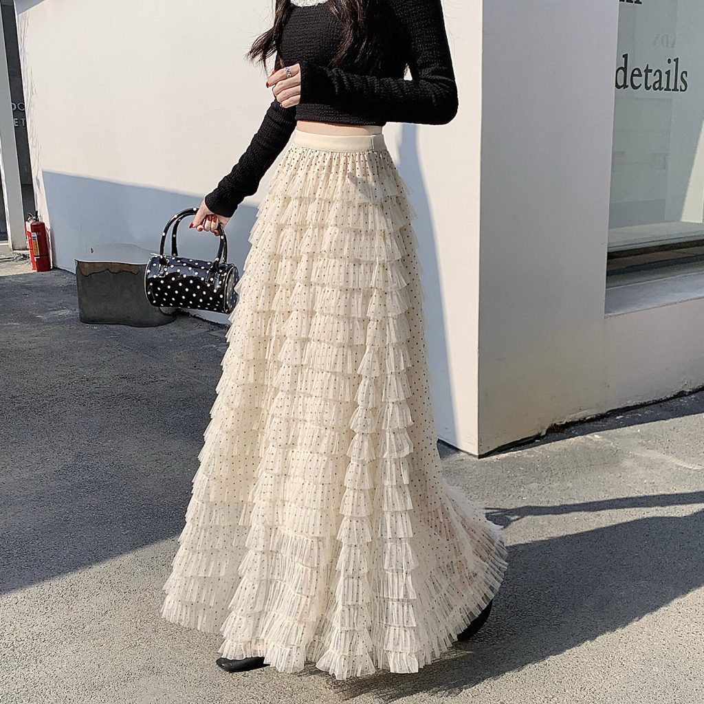 Women's Polka Dot Lace Mesh Tiered Cake Skirt Long A-Line Flared Skirt