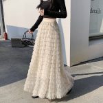 Women's Polka Dot Lace Mesh Tiered Cake Skirt Long A-Line Flared Skirt