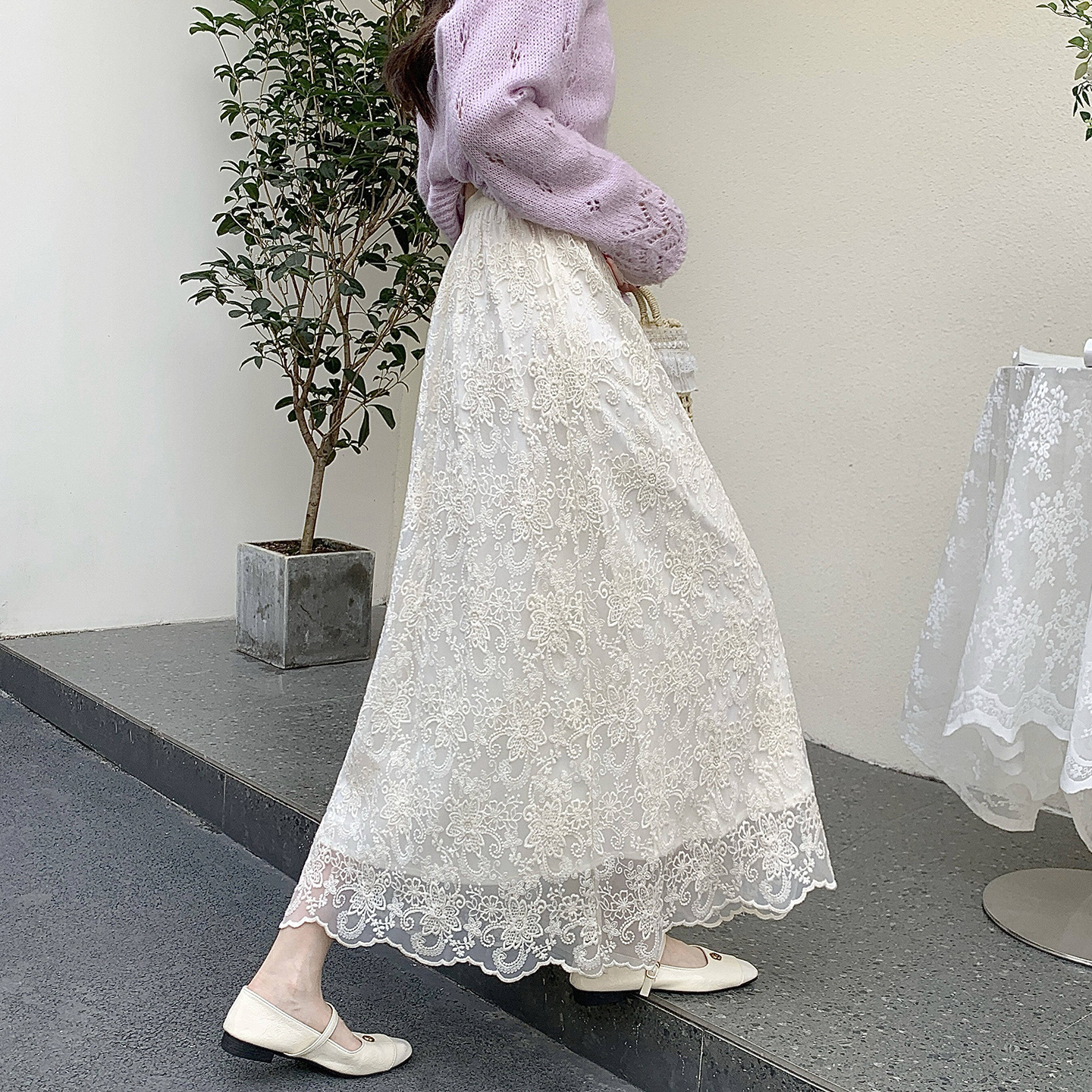Women's Lace A-Line Midi Skirt High Waist Korean Style - Image 2