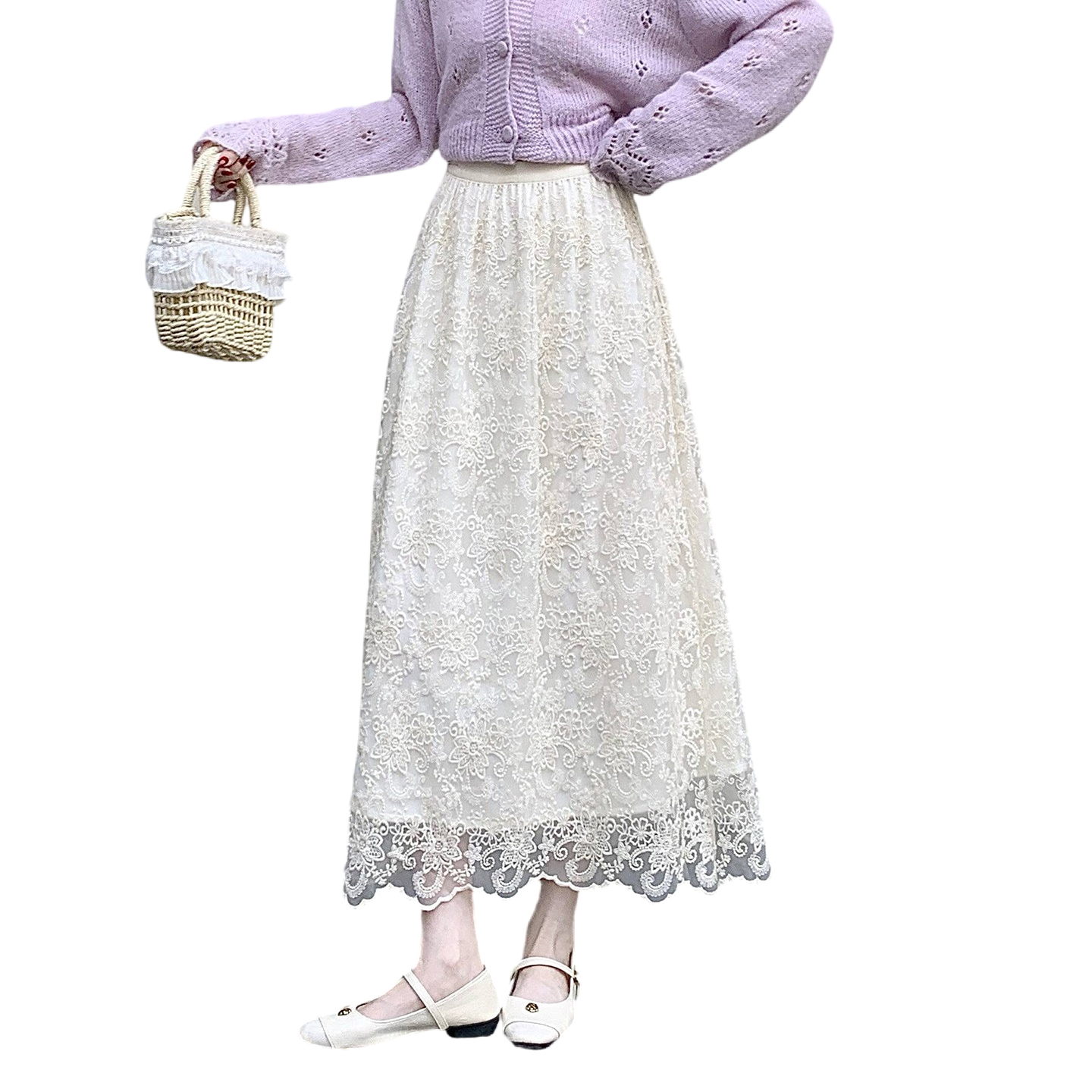 Women's Lace A-Line Midi Skirt High Waist Korean Style - Image 5