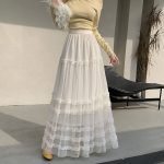 Ruffled Mesh Cake Skirt High-End Lace Trim Midi Skirt 2026 Spring New Tulle Tiered Fluffy Fairy Skirt