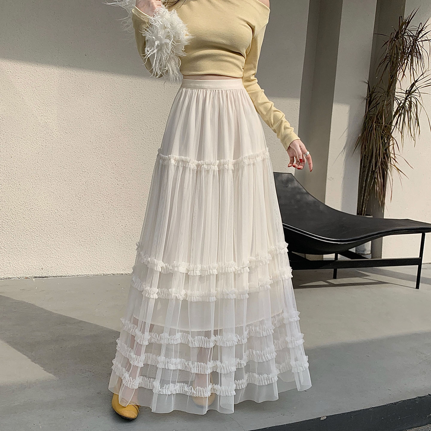 Ruffled Mesh Cake Skirt High-End Lace Trim Midi Skirt 2026 Spring New Tulle Tiered Fluffy Fairy Skirt