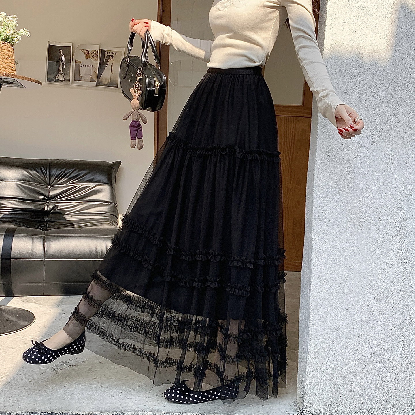 Ruffled Mesh Cake Skirt High-End Lace Trim Midi Skirt 2026 Spring New Tulle Tiered Fluffy Fairy Skirt - Image 2
