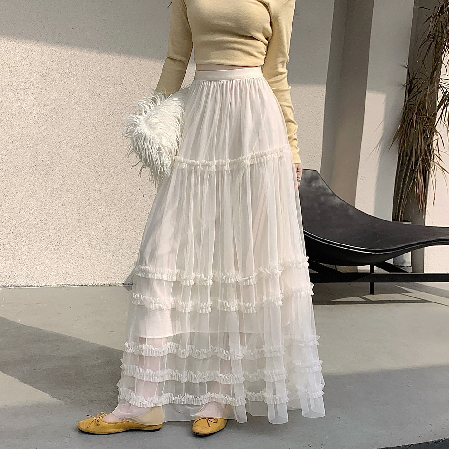 Ruffled Mesh Cake Skirt High-End Lace Trim Midi Skirt 2026 Spring New Tulle Tiered Fluffy Fairy Skirt - Image 3