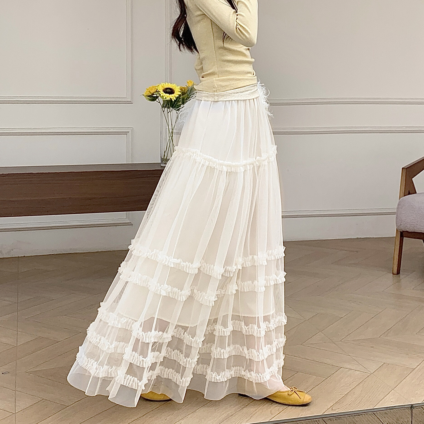 Ruffled Mesh Cake Skirt High-End Lace Trim Midi Skirt 2026 Spring New Tulle Tiered Fluffy Fairy Skirt - Image 4