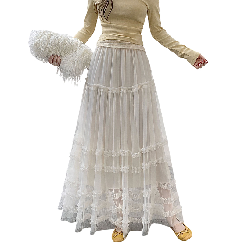 Ruffled Mesh Cake Skirt High-End Lace Trim Midi Skirt 2026 Spring New Tulle Tiered Fluffy Fairy Skirt - Image 5