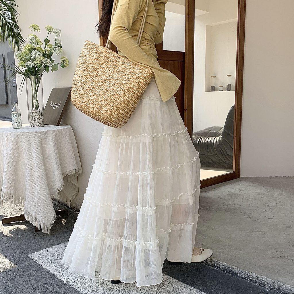 Women's White Layered Cake Skirt 2026 Spring Sweet A-Line Long Skirt