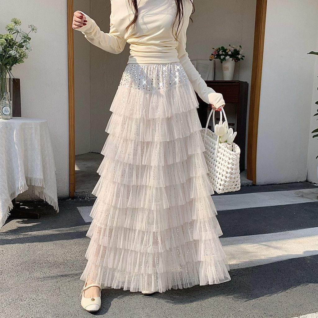 Women's Sweet Princess Sequin Tulle Layered Cake Skirt High Waist A-Line Long Skirt Spring Summer