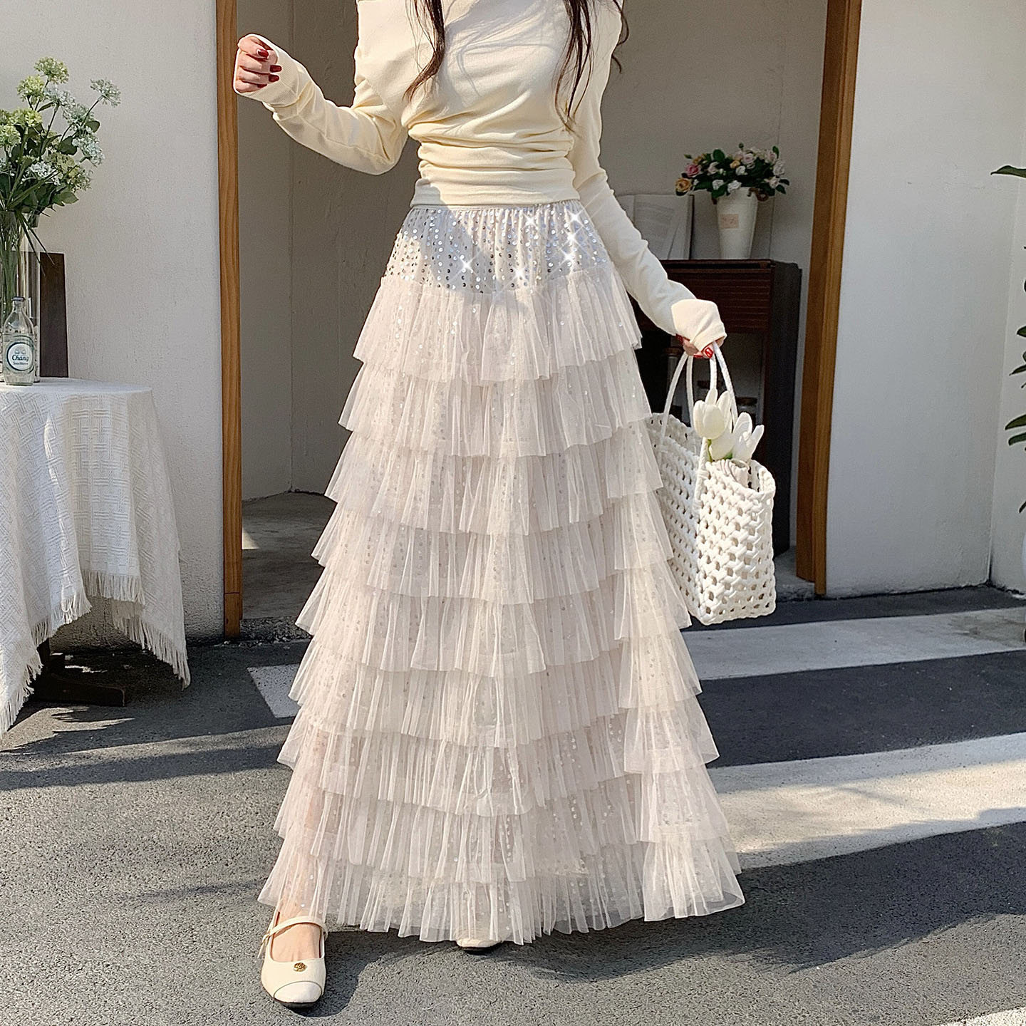 Women's Sweet Princess Sequin Tulle Layered Cake Skirt High Waist A-Line Long Skirt Spring Summer