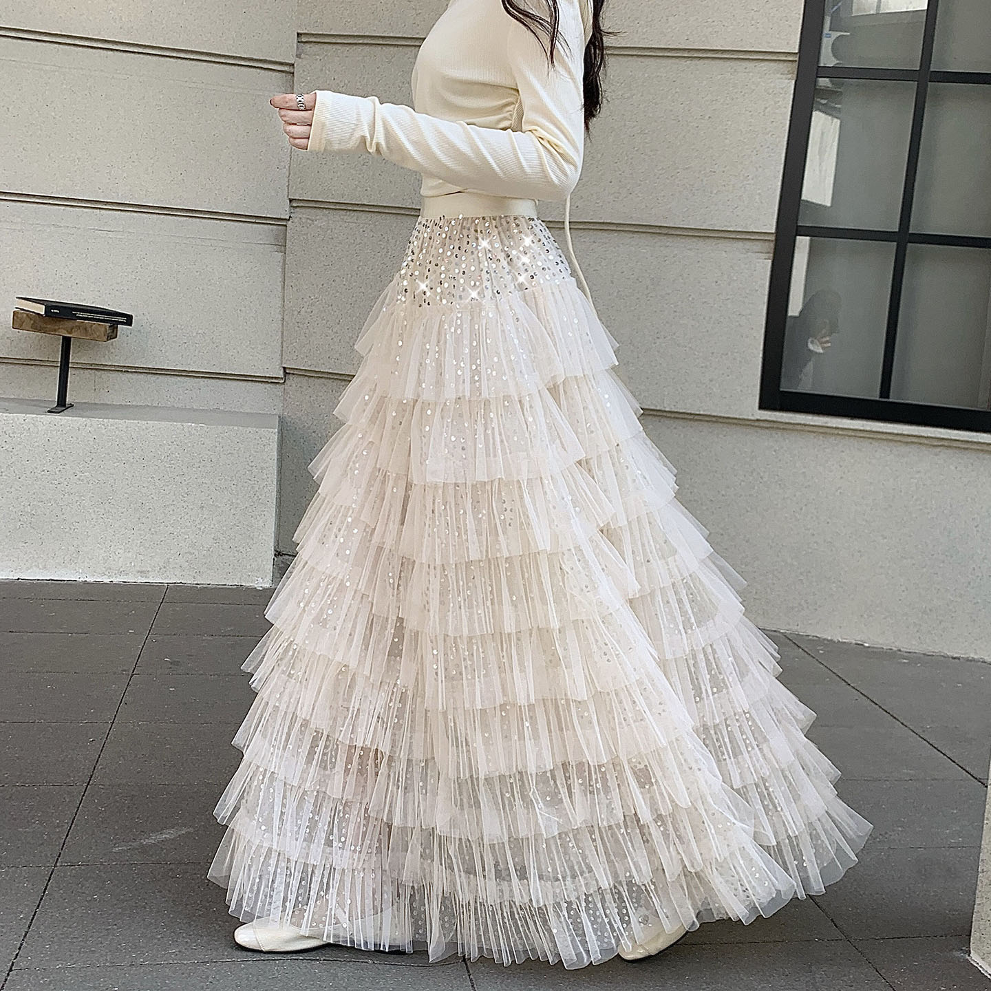 Women's Sweet Princess Sequin Tulle Layered Cake Skirt High Waist A-Line Long Skirt Spring Summer - Image 2