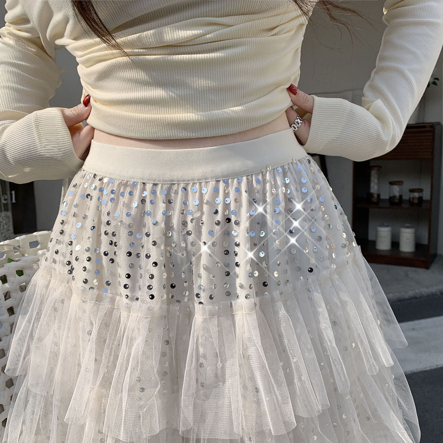 Women's Sweet Princess Sequin Tulle Layered Cake Skirt High Waist A-Line Long Skirt Spring Summer - Image 3