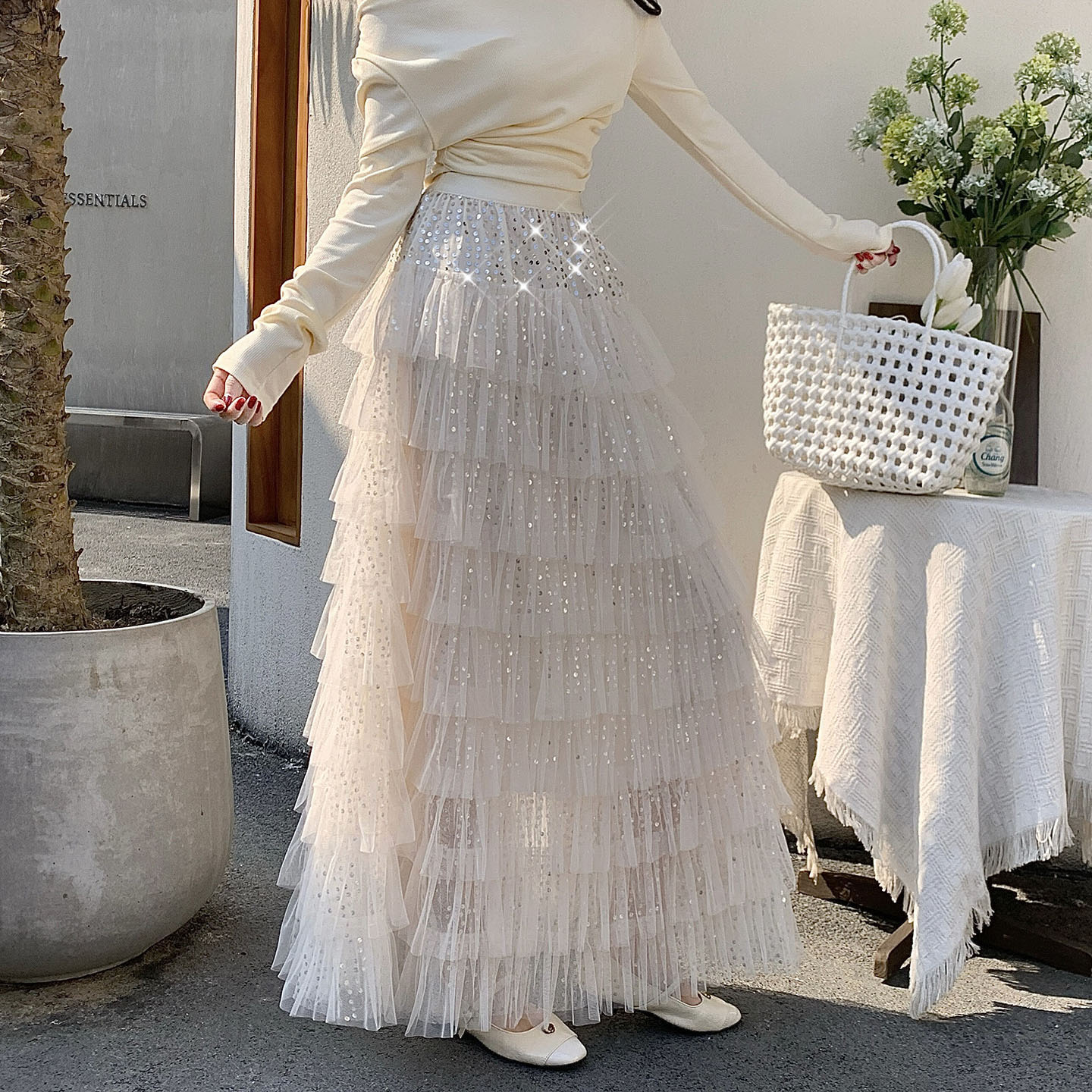 Women's Sweet Princess Sequin Tulle Layered Cake Skirt High Waist A-Line Long Skirt Spring Summer - Image 4