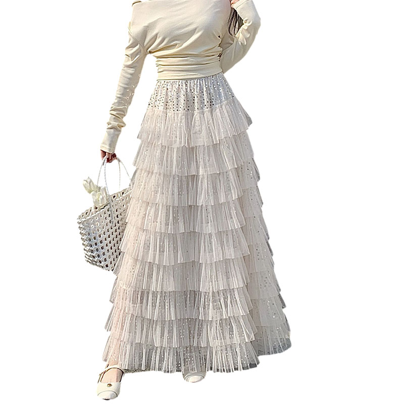 Women's Sweet Princess Sequin Tulle Layered Cake Skirt High Waist A-Line Long Skirt Spring Summer - Image 5