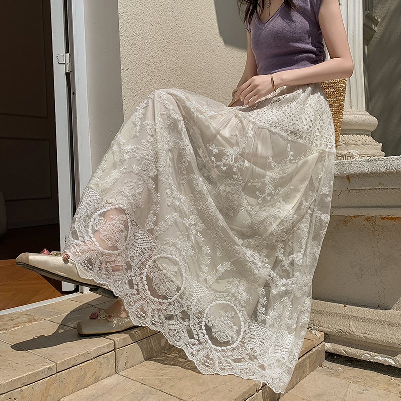 2026 Spring New Chinese Style Lace Midi Skirt for Women High Waist Solid Color Long Skirt