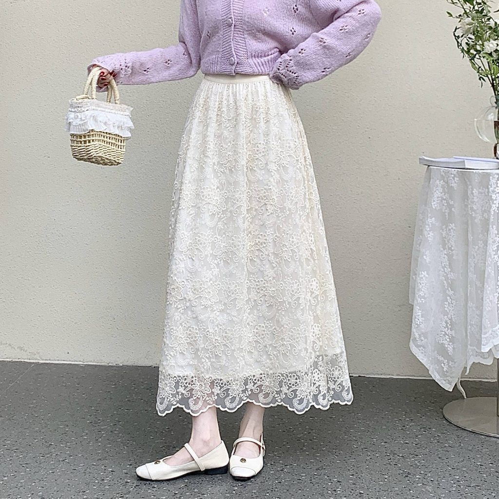 Women's Lace A-Line Midi Skirt High Waist Korean Style
