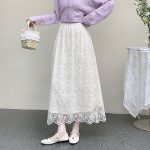 Women's Lace A-Line Midi Skirt High Waist Korean Style