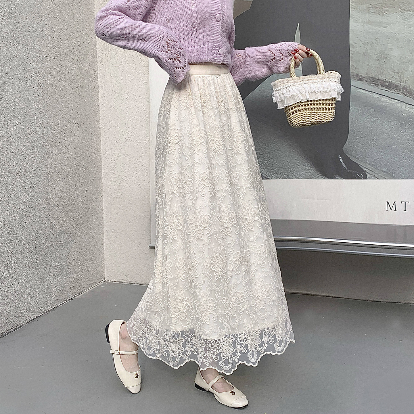 Women's Lace A-Line Midi Skirt High Waist Korean Style - Image 3