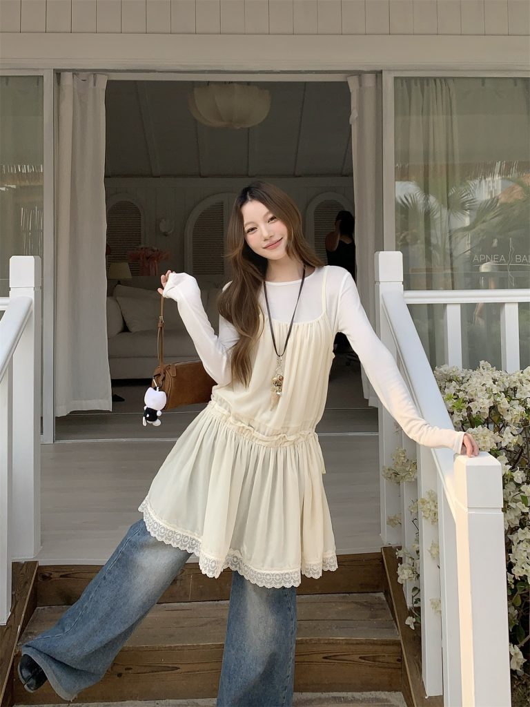 Sweet Two-Piece Dress Set with Lace Trim Cami and Crew Neck Base Layer