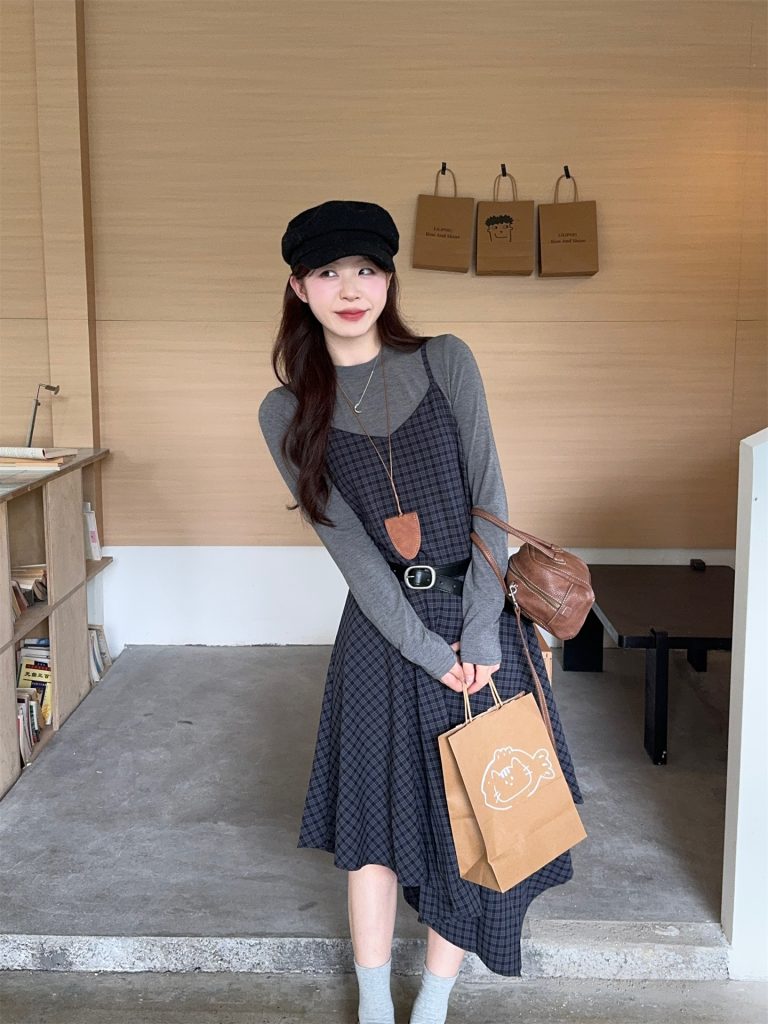 Sweet Round Neck Long Sleeve Top and Plaid Cami Dress Two Piece Set