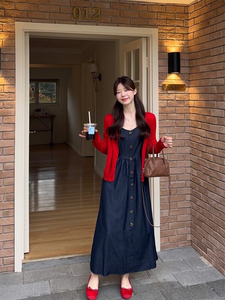 Sweet Retro Knit Cardigan and Button-Front Washed Denim Cami Dress Two-Piece Set