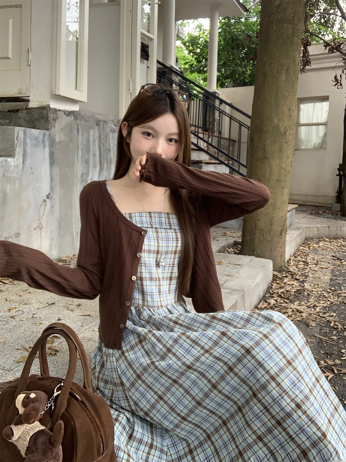 Sweet Knit Cardigan and Plaid A-Line Dress Two-Piece Set - Image 2