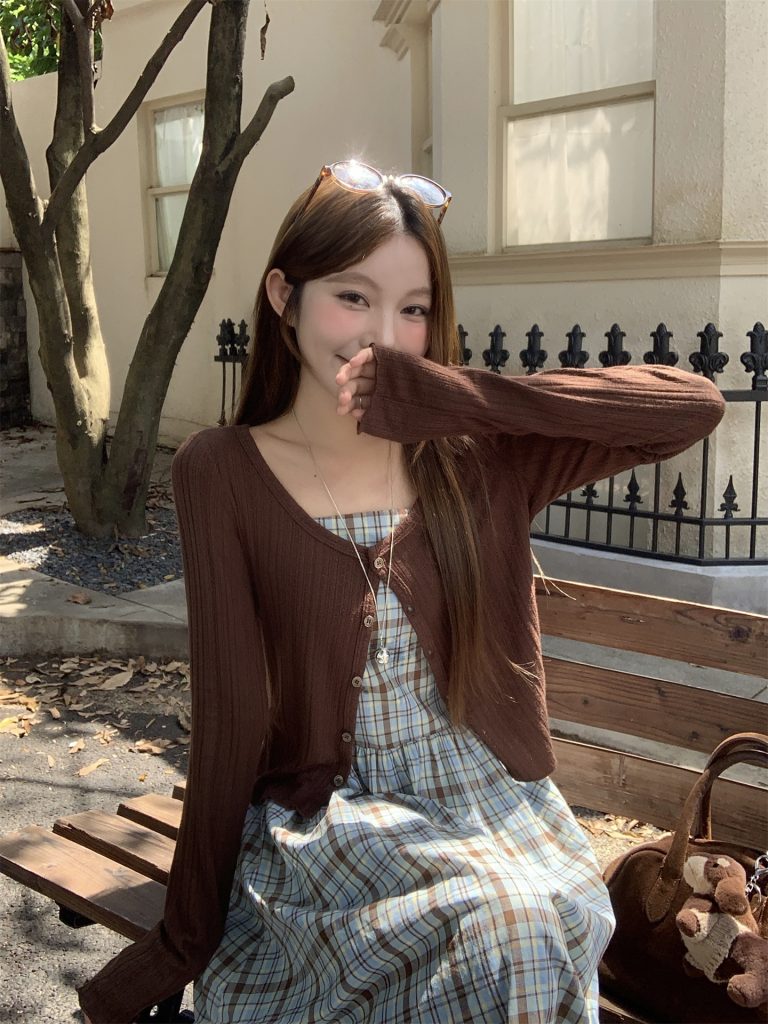 Sweet Knit Cardigan and Plaid A-Line Dress Two-Piece Set