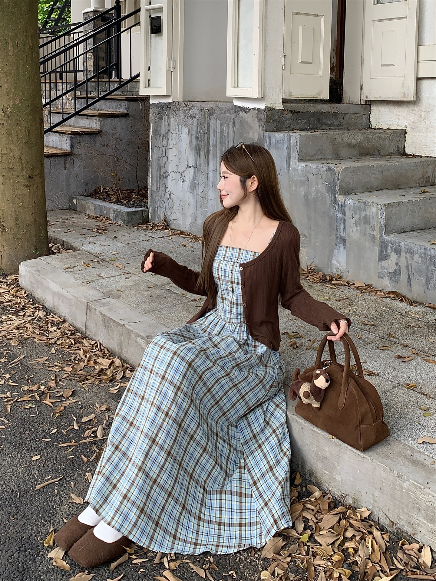 Sweet Knit Cardigan and Plaid A-Line Dress Two-Piece Set - Image 3