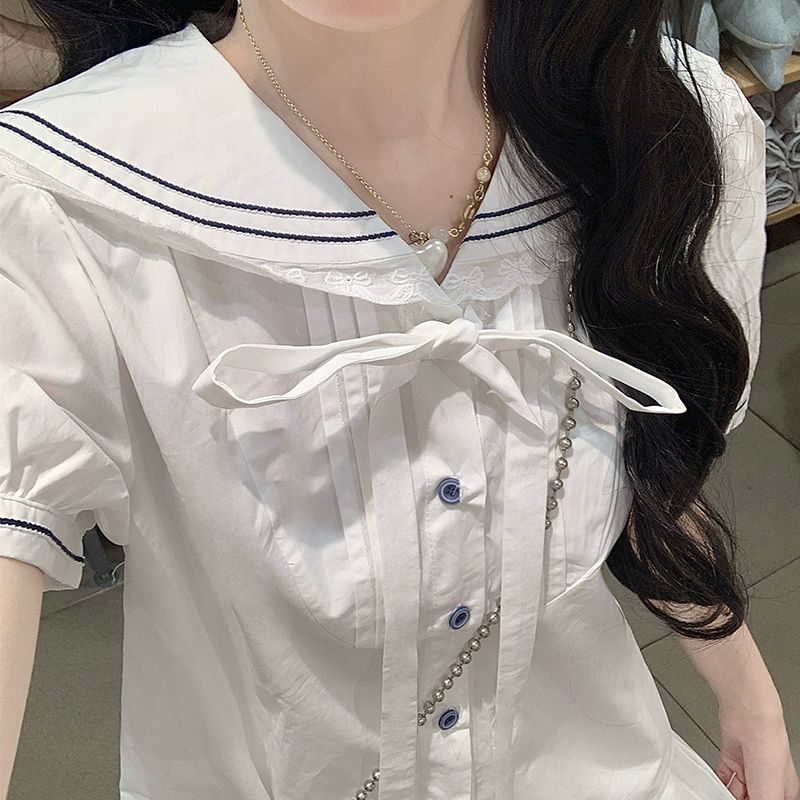 French Preppy Navy Collar Shirt and Long Skirt Two-Piece Set in White