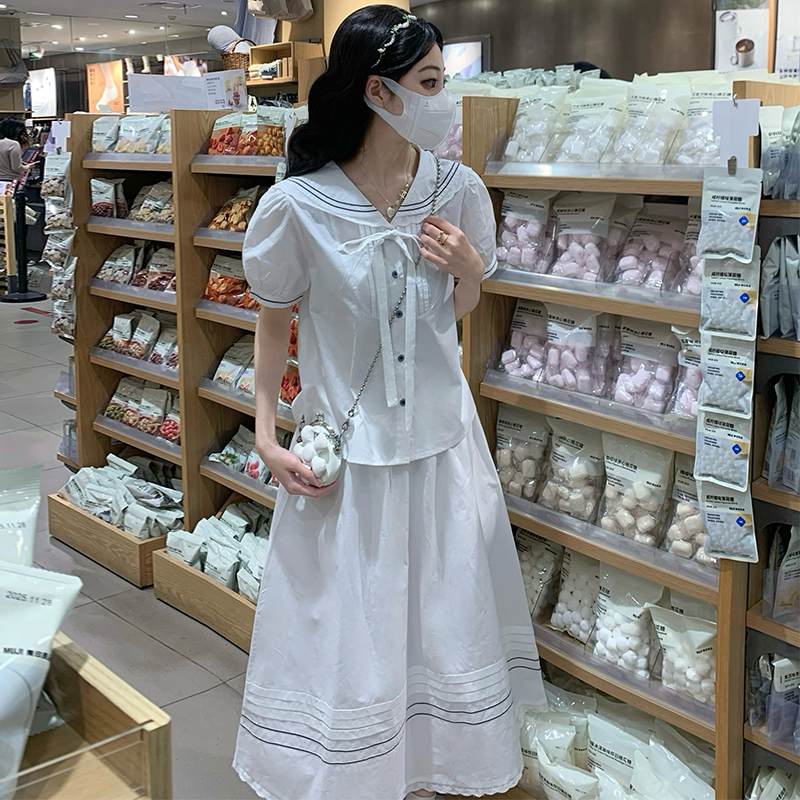 French Preppy Navy Collar Shirt and Long Skirt Two-Piece Set in White - Image 4
