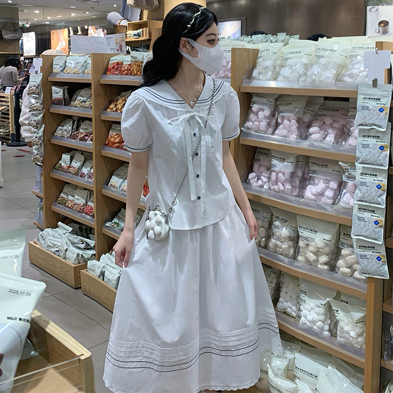 French Preppy Navy Collar Shirt and Long Skirt Two-Piece Set in White - Image 3