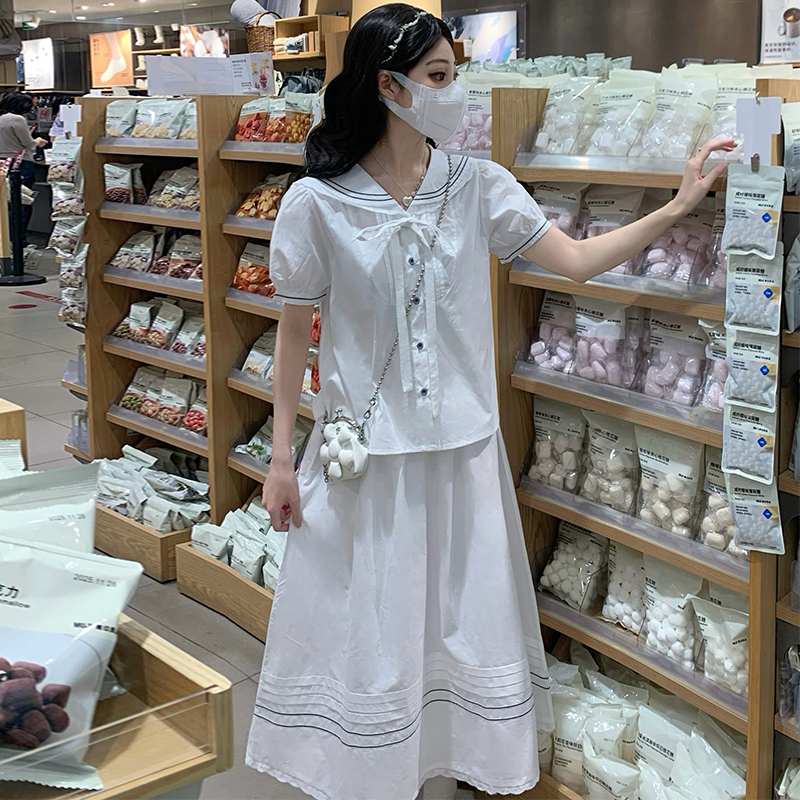 French Preppy Navy Collar Shirt and Long Skirt Two-Piece Set in White - Image 2