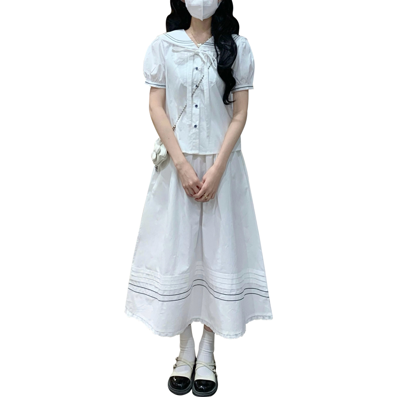 French Preppy Navy Collar Shirt and Long Skirt Two-Piece Set in White - Image 5