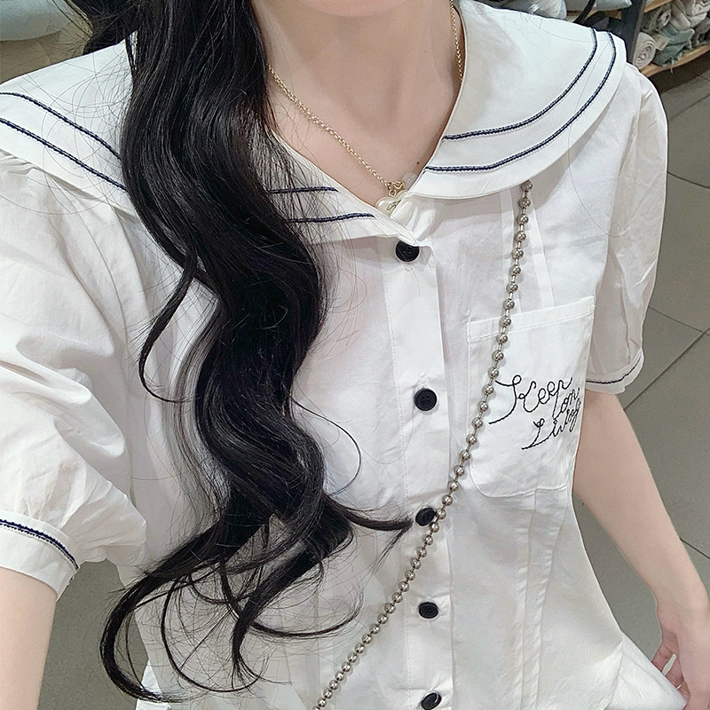 Women's White Shirt and Skirt Two-Piece Set Summer Retro Preppy Navy Collar Color Block