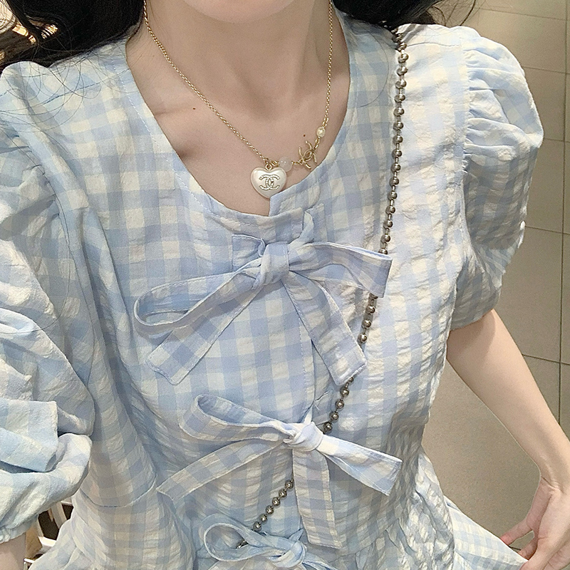 French Sweet Style Blue and White Plaid Casual Shirt and Skirt Two-Piece Set