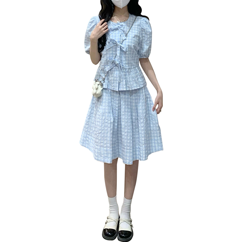 French Sweet Style Blue and White Plaid Casual Shirt and Skirt Two-Piece Set - Image 5