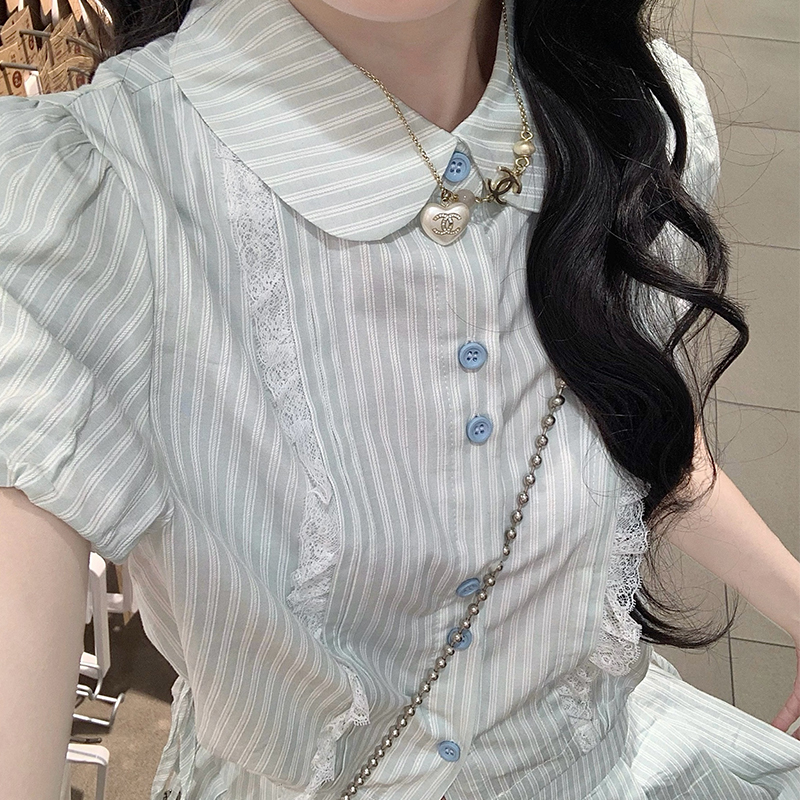 Sweet Striped Short Sleeve Doll Collar Shirt and Midi Skirt Two Piece Set